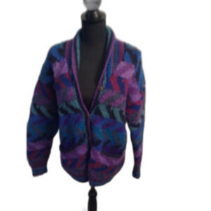 Vintage Wool Print Newari Cardigan Wood Button Up Sweater Medium Nepal Crochet
